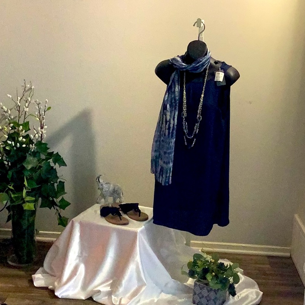 Blue dress , blue Sandals, scarf and necklace